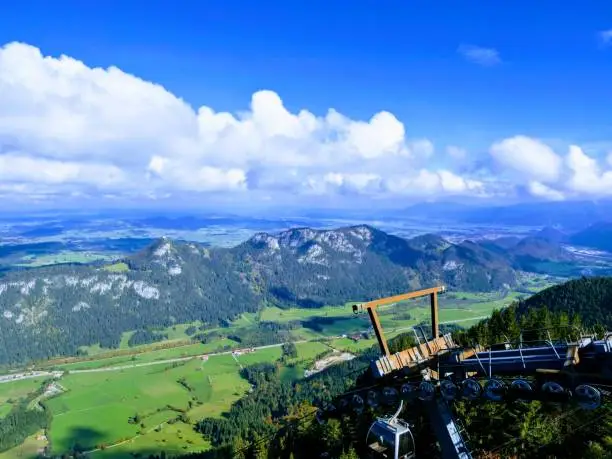 Panoramic view over the mountain station of the cable car Breitenbergbahn to the Forggensee near the german town Füssen in the bavarian alps