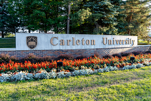 Ottawa, Ontario, Canada - August 7, 2020: Carleton University ground sign is seen in Ottawa, Ontario, Canada. Carleton University is a Canadian public comprehensive university.