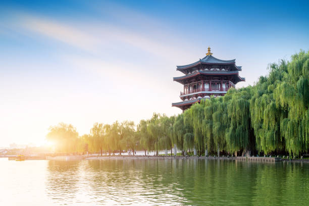 starożytne budynki nad jeziorem: pagoda, xi'an, chiny. - xian obrazy zdjęcia i obrazy z banku zdjęć