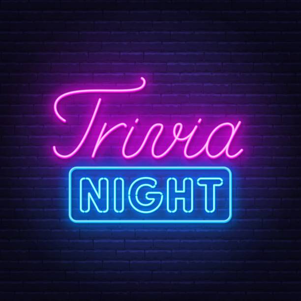 illustrations, cliparts, dessins animés et icônes de signe de néon de nuit de trivia sur un mur de briques. - trivia