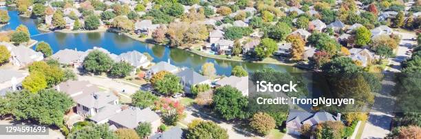 Panoramic Top View Upscale Lakeside Neighborhood With Colorful Autumn Leaves In Coppell Texas Usa Stock Photo - Download Image Now