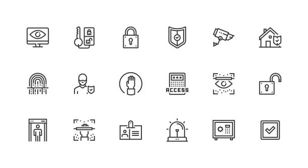 Security, Personal ID, Surveillance, Alarm, Safebox Icons Security, Personal ID, Surveillance, Alarm, Safe box, Locked, Security, Unlocked, Protection, Home Protection, Fingerprint Scanner, Forbidden Area, Remote Control Lock, Dependability,  Icons bank vault icon stock illustrations