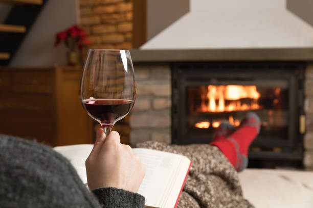 belles femmes s’asseyant dans une salle confortable par un endroit chaud de feu avec un verre de vin et affichant un livre - blanket fireplace winter women photos et images de collection
