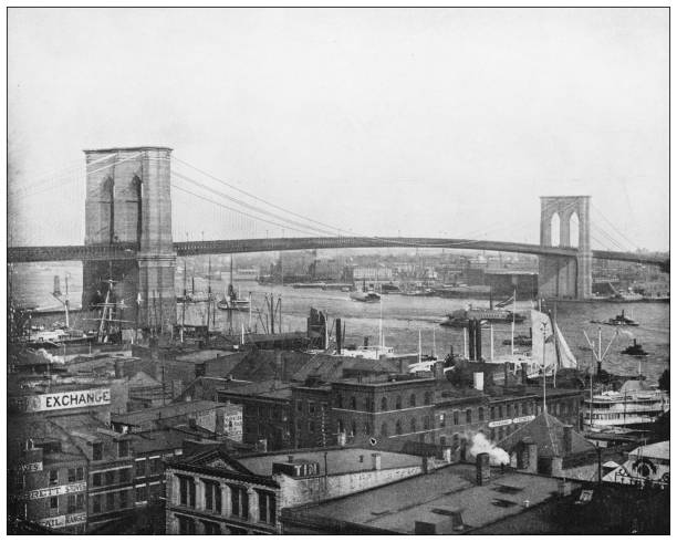 ilustraciones, imágenes clip art, dibujos animados e iconos de stock de fotografía antigua: brooklyn bridge - new york city skyline bridge brooklyn