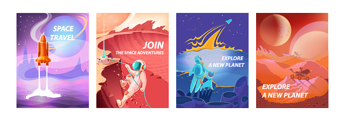 Space landscape posters. Cartoon cosmonauts in spacesuits exploring galaxy. Cosmic travel and adventure. Astronauts flying to alien planets in spaceship. Decorative banners with lettering, vector set
