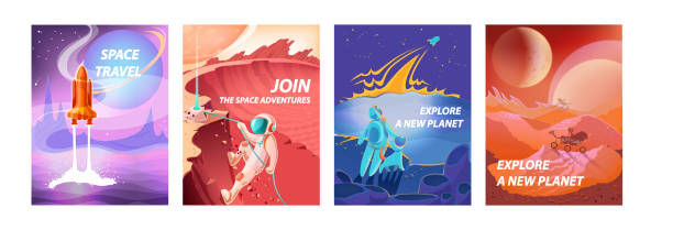Space landscape posters. Cosmonauts in spacesuits exploring galaxy. Cosmic travel and adventure. Flying to alien planets in spaceship. Decorative banners with lettering, vector set Space landscape posters. Cartoon cosmonauts in spacesuits exploring galaxy. Cosmic travel and adventure. Astronauts flying to alien planets in spaceship. Decorative banners with lettering, vector set alien planet stock illustrations