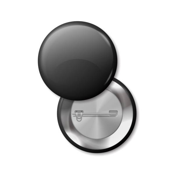 istock Round pinned badges. 3D black broches. View on back and front sides. Circle tags from metal and plastic. Glossy surface with copy space. Vector blank mockup with place for branding 1294593524