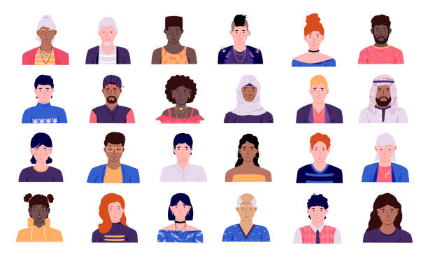 People avatars. Men and women cartoon character icon collection, male and female person heads with shoulders front view user profile portrait vector doodle different race simple style set People avatars. Men and women multi ethnic cartoon character icon collection, male and female person heads with shoulders front view user profile portrait vector doodle different race simple style set muslim cartoon stock illustrations