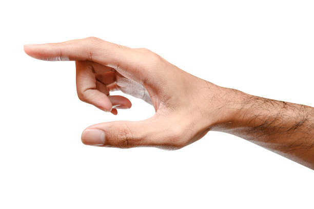 istock Male caucasian hand touching or pointing to something isolated on white background. 1294595743