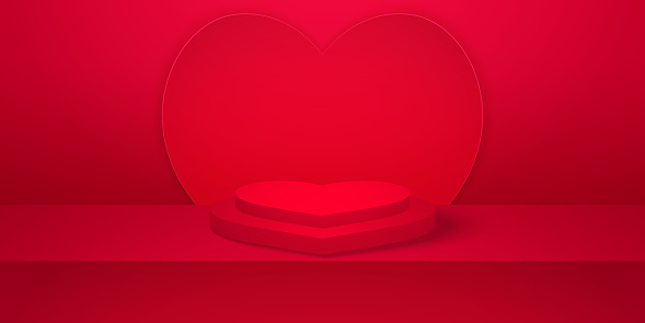 love concept, realistic heart shape podium or pedestal with red empty studio room, minimal product heart background, template mock up for display, valentines day
