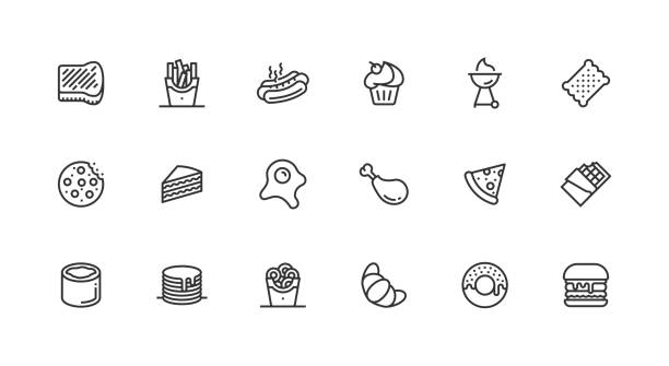stockillustraties, clipart, cartoons en iconen met fast food, hamburger, pizza, donut, franse frietjes icon design - cookie icon
