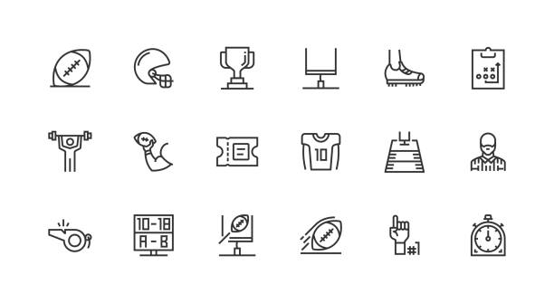 American Football, Ball, Helmet, Winner Cup, Goal, Cleats Icons American Football, Ball, Helmet, Winner Cup, Goal, Cleats, Tactics, Training, Quarterback, Ticket, Jersey, Football Ground, Referee, Whistle, Game Score, Touchdown, Foul Shot, Sports Fan, Duration Icons football locker room stock illustrations