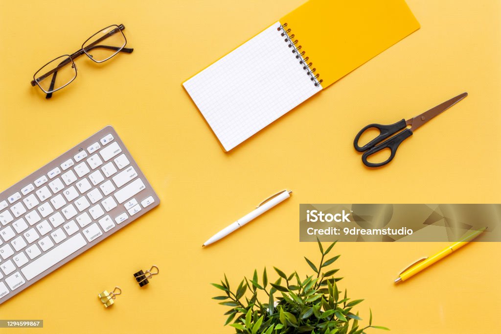 Work Lay Computer Workplace Flat Lay With Computer And Office Supplies Top View Stock ...