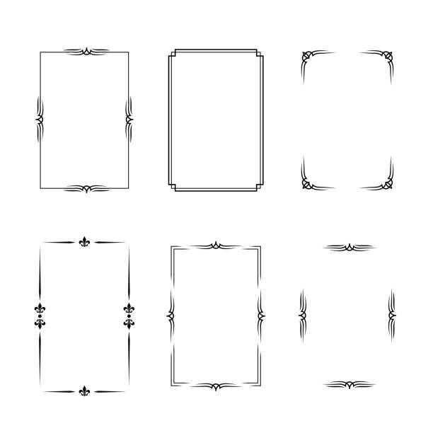 Set of black vintage vertical borders in silent film or art deco style isolated on white backgrounds. Vector retro design elements. Set of black vintage vertical borders in silent film or art deco style isolated on white backgrounds. Vector retro design elements art deco frame stock illustrations