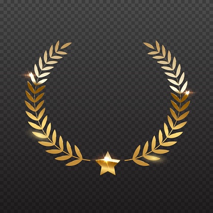Award star and golden laurel. Gold prize elements on transparent background. Champion glory in competition vector illustration. Hollywood fame in film and cinema or championship in sport.