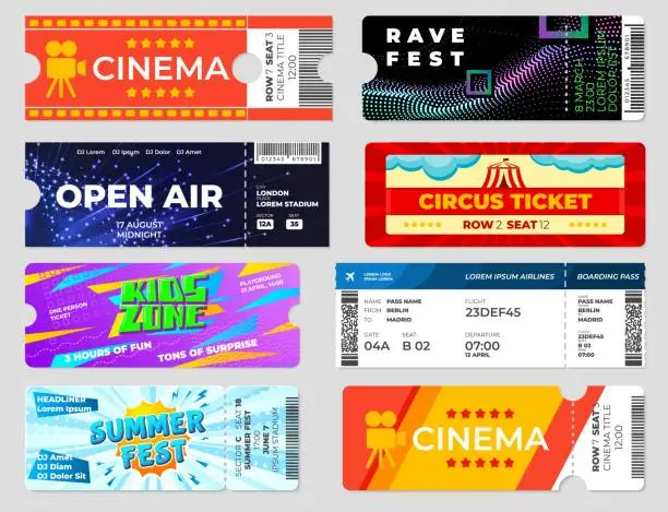 Vector illustration of Entertainment tickets. Concert cinema event flyers, circus fest invitation cards template. Boarding pass, entrance papers recent vector set