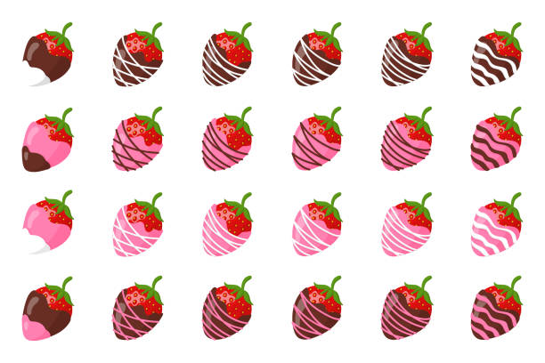 Set of glazed strawberries in chocolate for Valentine's Day Set of glazed strawberries in chocolate for Valentine's Day. Vector flat design isolated on white background. chocolate covered strawberries stock illustrations