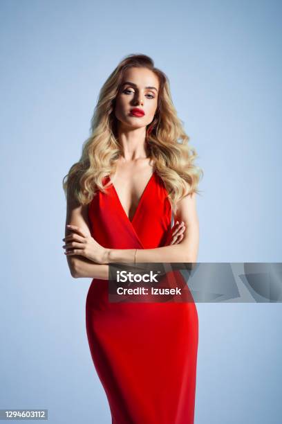 Beautiful Woman In Red Dress Stock Photo - Download Image Now - Cocktail Dress, One Woman Only, Women