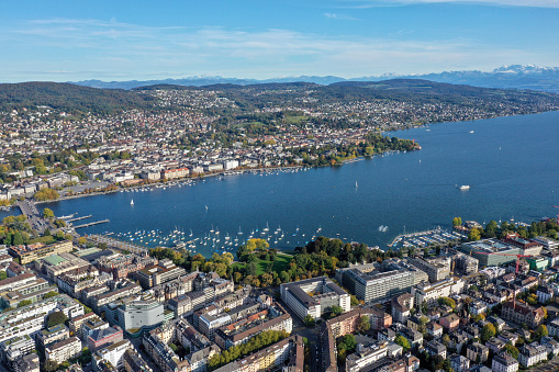 Zurich wide angle view over the City - including the Lake Zurich. The image was captured during summer season.