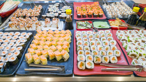 japanese food buffet. - buffet japanese cuisine lifestyles ready to eat imagens e fotografias de stock
