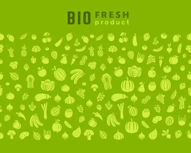 Vector illustration of Fruits and vegetables. Organic Food. Fresh Products.