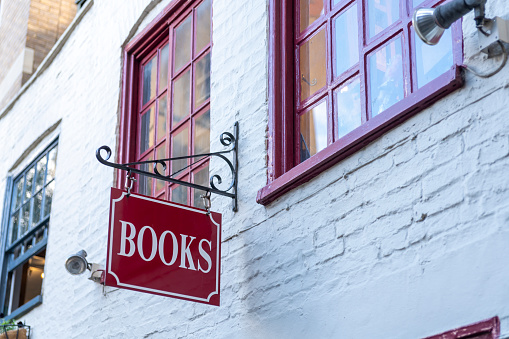 A books sign on an antique book store in Cambridge.