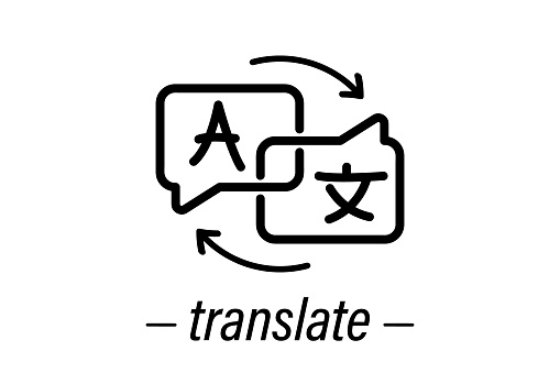 Chat bubbles with language translation outline vector sign. Online multi language translator. Translation app linear icon. Online Translator. Multilingual communication. App icon for Communication