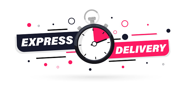 Express delivery with Stopwatch icon for apps and website. Fast delivery. Timer and express delivery inscription. Urgent shipping services.Delivery quick move. Fast distribution service 24/7