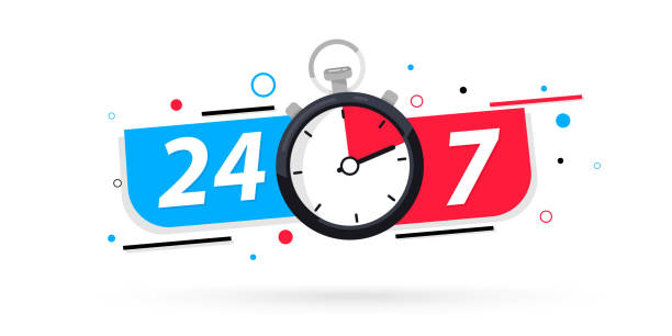 Stopwatch icon, 24/7 service. 24-7 open concept vector illustration. 24/7 Hours a day service icon. 24 hours a day and 7 days a week. Support service Vector stock illustration. Twenty four hour open Stopwatch icon, 24/7 service. 24-7 open concept vector illustration. 24/7 Hours a day service icon. 24 hours a day and 7 days a week. Support service Vector stock illustration. Twenty four hour open 24 hrs stock illustrations