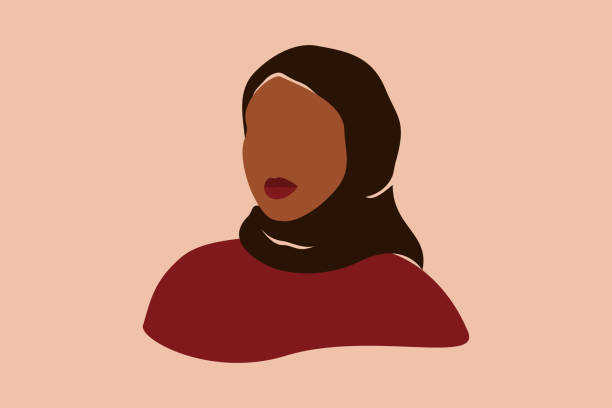 illustrazioni stock, clip art, cartoni animati e icone di tendenza di sagoma di una donna musulmana con copricapo nero. astratto fiduciosa femmina araba in hijab con ritratto di pelle marrone scuro. - hijab