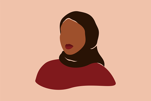 Silhouette of a Muslim woman with black headdress. Abstract Confident arabian female in hijab with dark brown skin portrait. Vector illustration for International Women's Day and Mother's day.