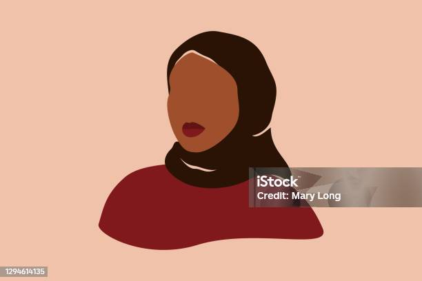 Silhouette Of A Muslim Woman With Black Headdress Abstract Confident Arabian Female In Hijab With Dark Brown Skin Portrait Stock Illustration - Download Image Now