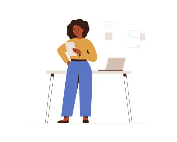 Vector illustration of African American businesswoman works from office or home. Confident black female entrepreneur holds a tablet and uses it for planning or online meeting.