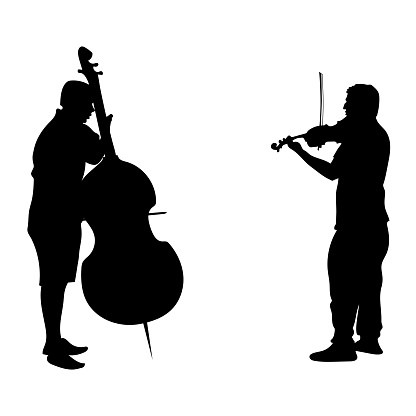 Vector black silhouettes people. Two adult men play musical instruments. The violinist is holding the violin, the guy is playing cello, side view people. Street musicians isolated on white background