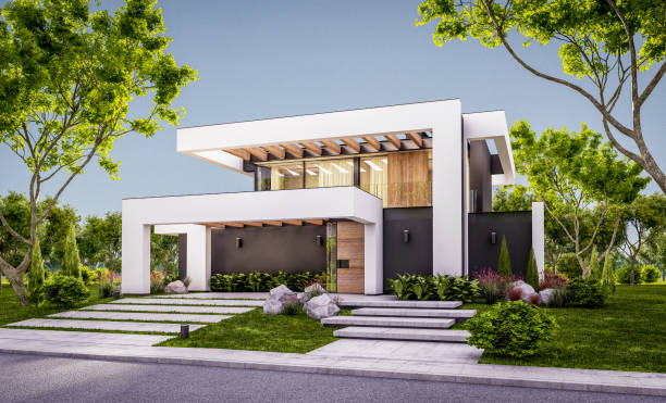 istock 3d rendering of modern house in luxurious style in evening 1294620492