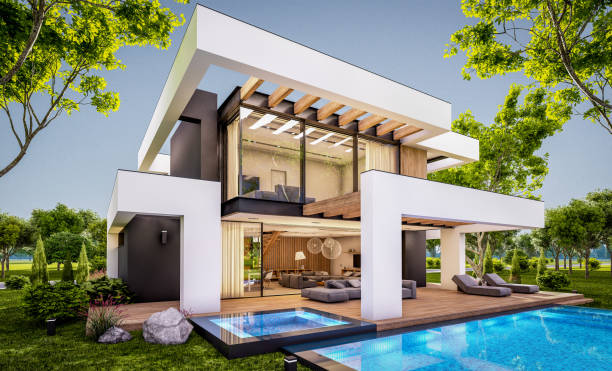 istock 3d rendering of modern house in luxurious style in evening 1294620528