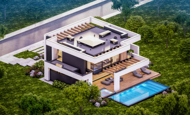 istock 3d rendering of modern house in luxurious style in evening 1294620585