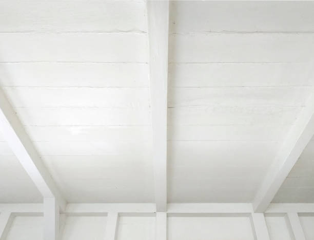 istock Reed white wooden roof perspective background. White ceiling beams pattern background.White wooden ceiling beams. 1294620653