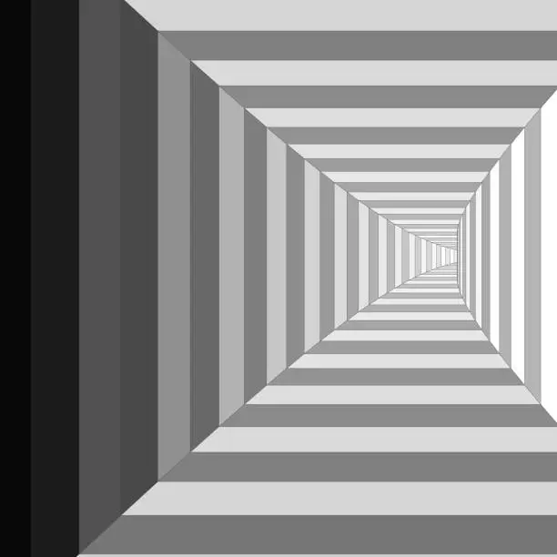 Vector illustration of Tunnel made if squares turning. Brighter in the other end.