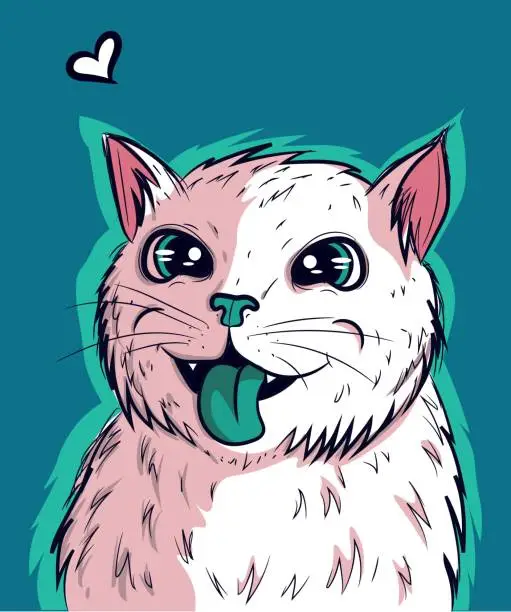 Vector illustration of Vector of white kitty vibing with its green tongue out. Cat with big anime eyes and psychedelic look.