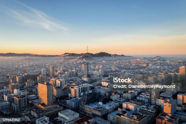 Aerial View Of Fog Over San Francisco Skyline Stock Photo - Download Image Now - San Francisco - California, California, City