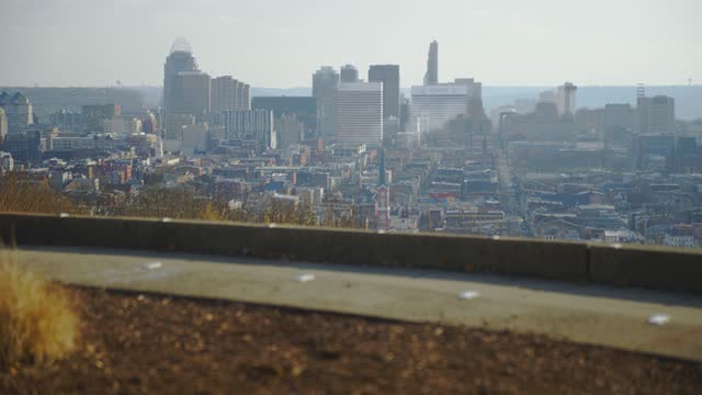 Stabilized Shot of City of Cincinnati, Ohio from Top of Tall Hill Overlook