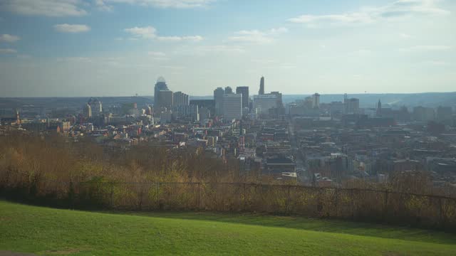 Stabilized Shot of City of Cincinnati, Ohio from Top of Tall Hill Overlook