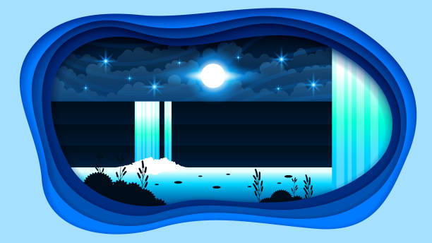 ilustrações de stock, clip art, desenhos animados e ícones de abstract waterfall background with moon stars clouds water landscape nature vector design style nature - waterfall cartoon tropical rainforest vector