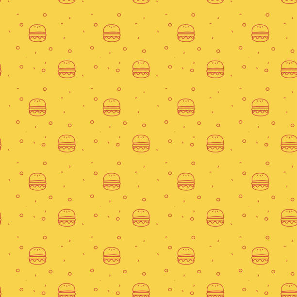 fun and modern seamless pattern of a cheese burger or hamburger na ilustracji stockowej funky bright orange background - burger hamburger cheeseburger fast food stock illustrations