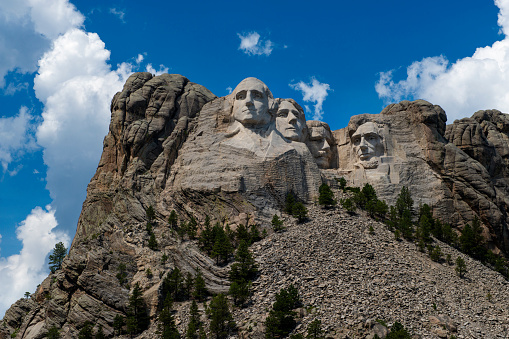 Black Hills, South Dakota - August 9, 2014: View of the Mount Rushmore National Memorial, with the heads of the four American Presidents, in the State of South Dakota.