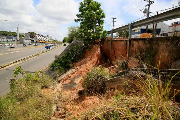 salvador, bahia, brazil - december 23, 2020: place of landslide along the roadway in the neighborhood of Imbui, in the city of Salvador.
