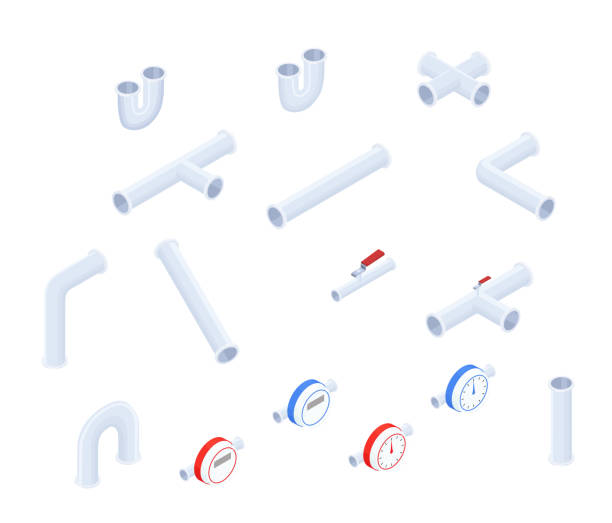흰색으로 격리된 배관 파이프의 등색 세트 - repairing work tool three dimensional shape service stock illustrations