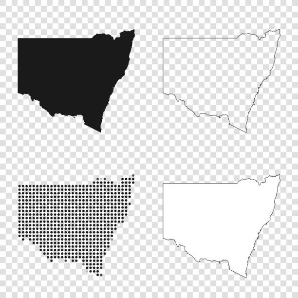 New South Wales maps for design - Black, outline, mosaic and white Map of New South Wales for your own design. With space for your text and your background. Four maps included in the bundle: - One black map. - One blank map with only a thin black outline (in a line art style). - One mosaic map. - One white map with a thin black outline. The 4 maps are isolated on a blank background (for easy change background or texture).The layers are named to facilitate your customization. Vector Illustration (EPS10, well layered and grouped). Easy to edit, manipulate, resize or colorize. new south wales stock illustrations