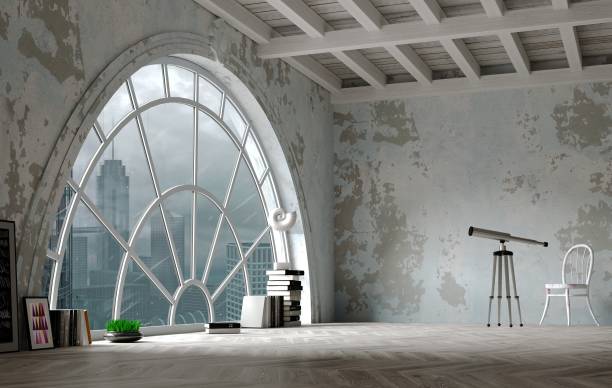Loft style attic interior huge arched window 3d illustration. Loft-style attic interior with a huge arched window. Panorama of the city. Studio interior of old house garret stock pictures, royalty-free photos & images
